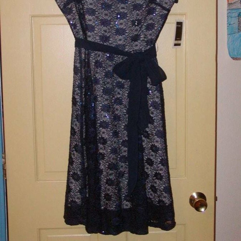 JULIAN TAYLOR WOMENS NAVY SEQUIN FIT FLARE A-LINE OVERLAY DRESS SZ 12 NWT! - Picture 3 of 9
